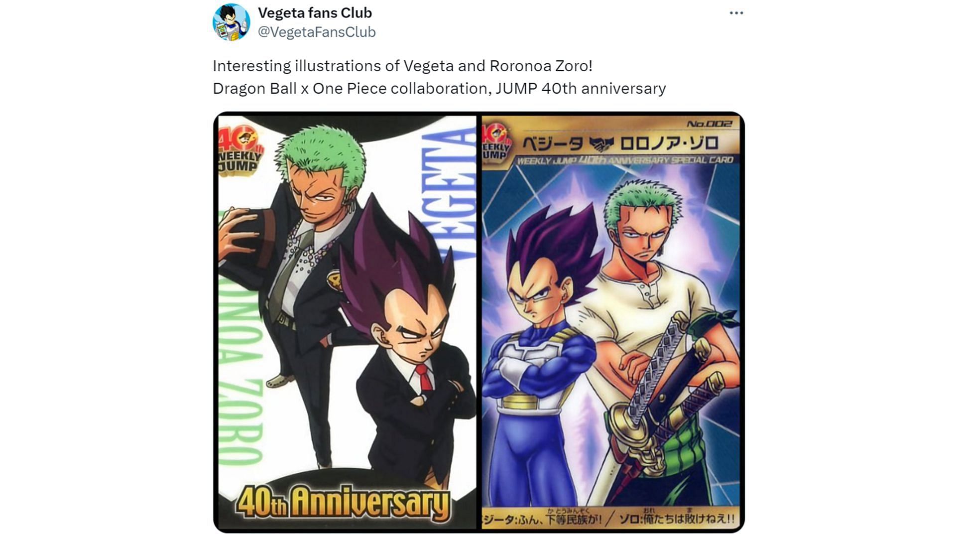 In the One Piece x Dragon Ball crossover, Zoro is paired with Vegeta (Image via Vegeta fans club/X)