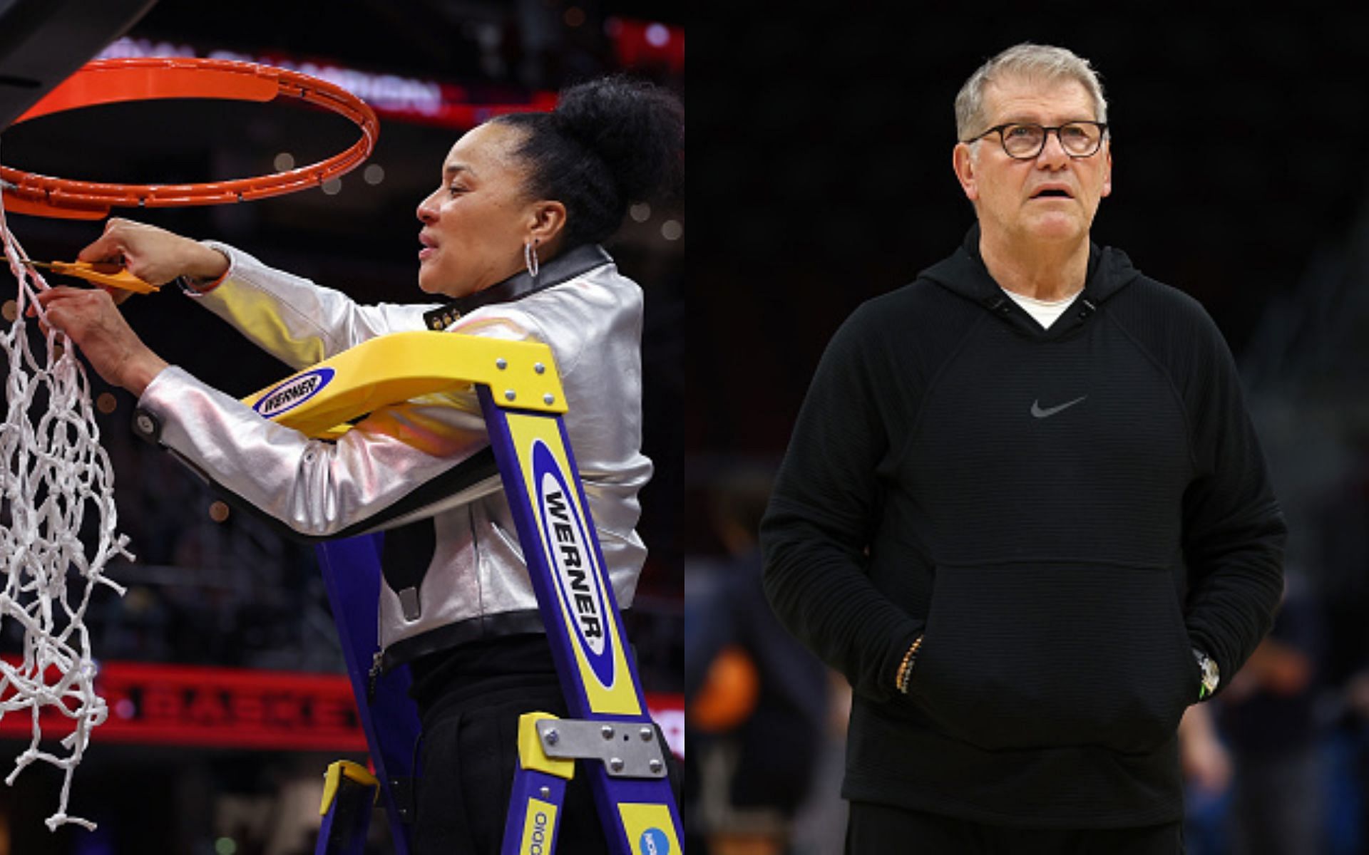 Dawn Staley (left); Geno Auriemma (right)