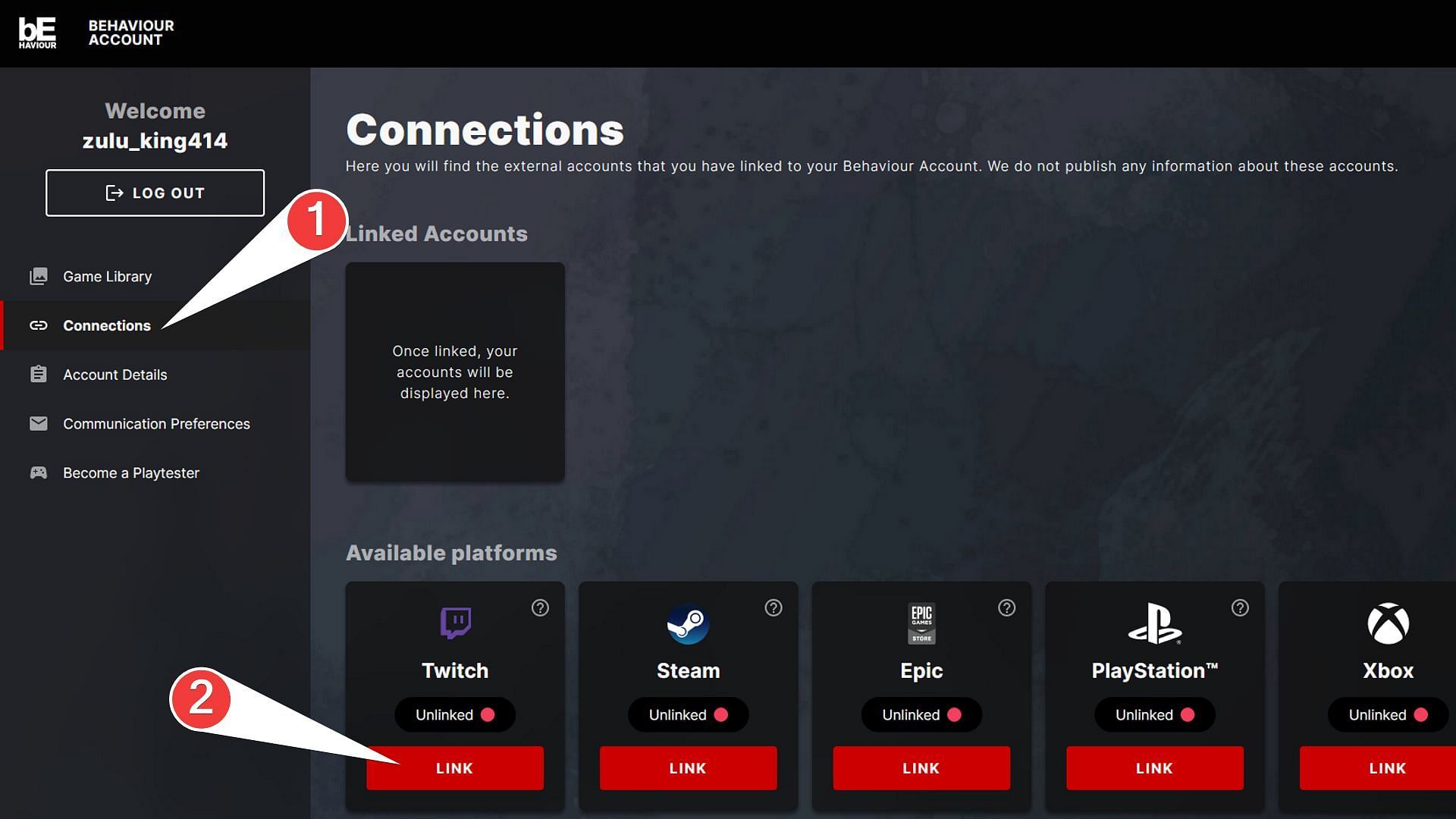 Go to Connections and link your Twitch account with the Behaviour account (Image via Behaviour Interactive)