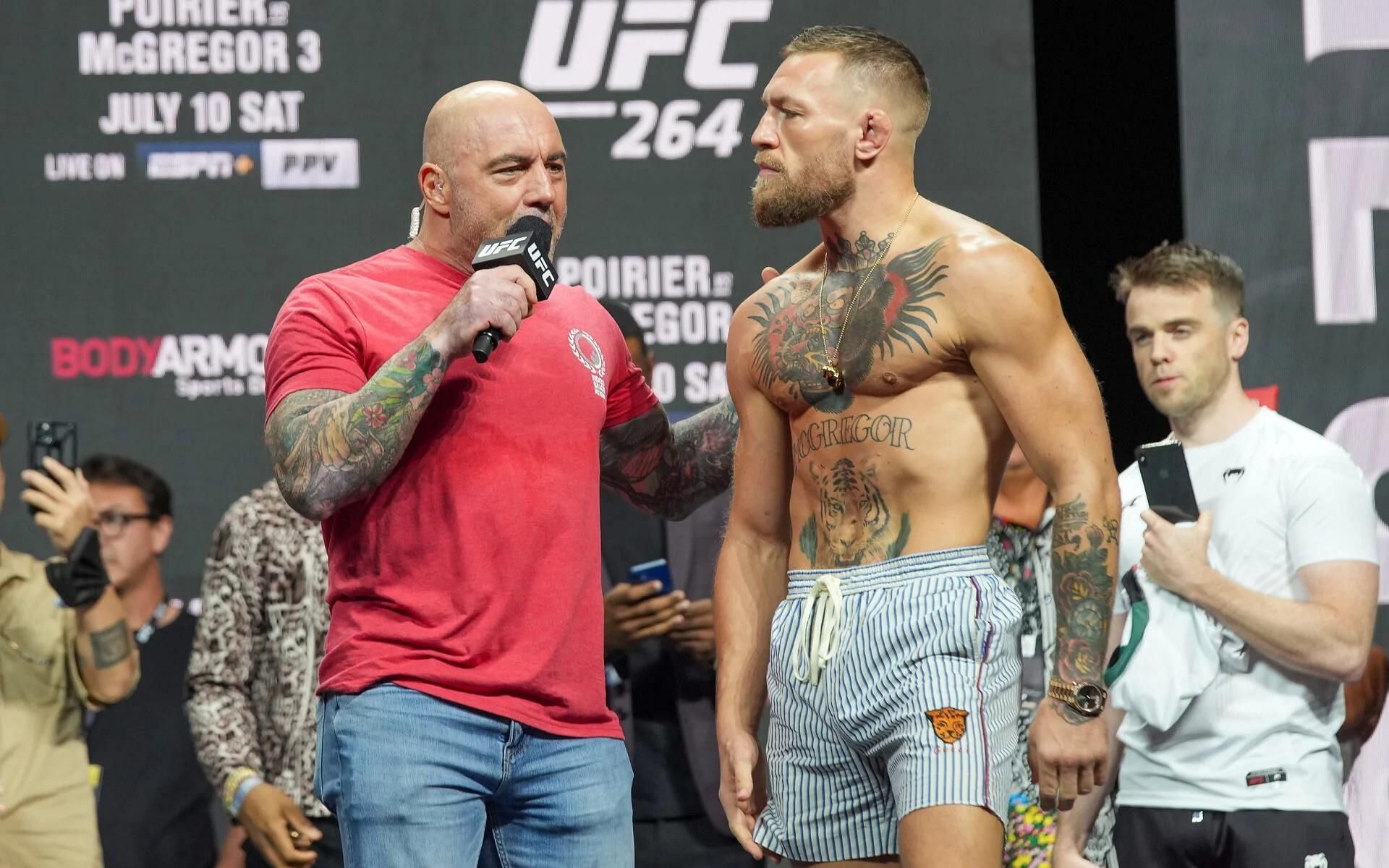 Joe Rogan (left) talks about an amateur MMA fighter turned comedian who trained with Conor McGregor (right) at SBG Ireland. [Image courtesy: Getty Images]