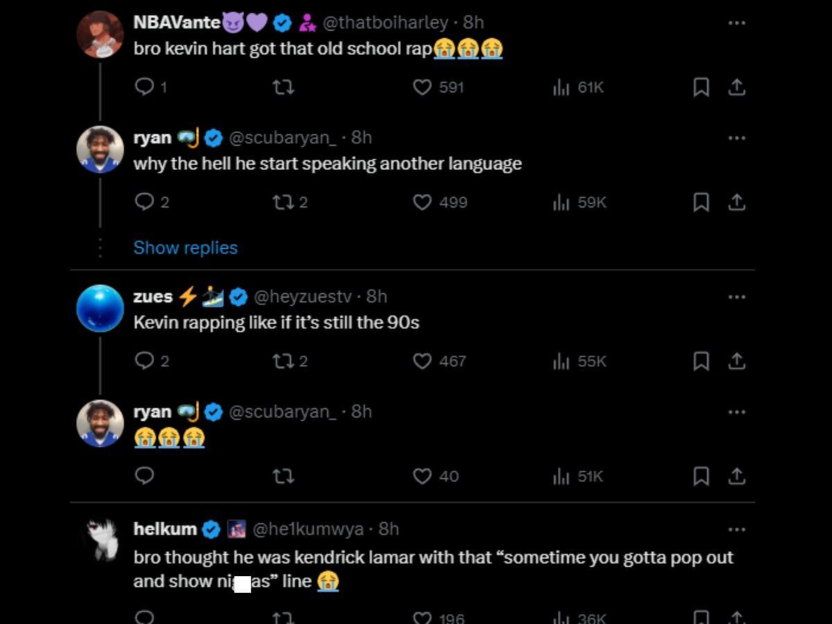 Fans react to Kevin Hart&#039;s verse in the AMP Cypher (Image via X)