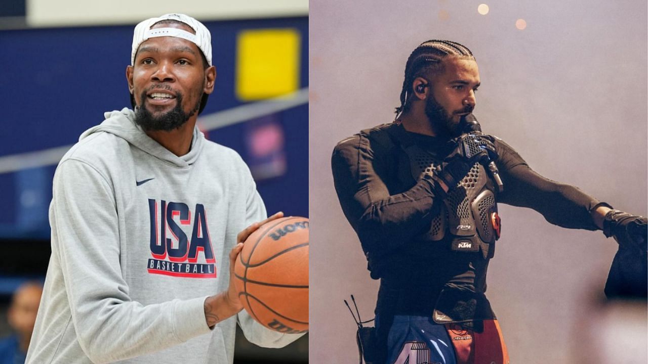 Team USA star Kevin Durant names Drake as his favorite artist to listen to during pregame warmups. [photo: @phxoffcourt, @champagnepapi]