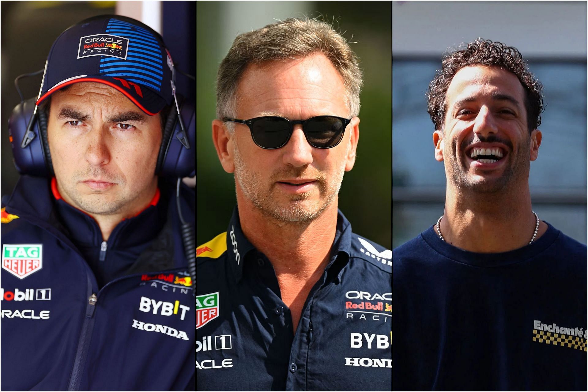 Sergio Perez (L), Christian Horner (C) and Daniel Ricciardo (R) (Images via Getty)