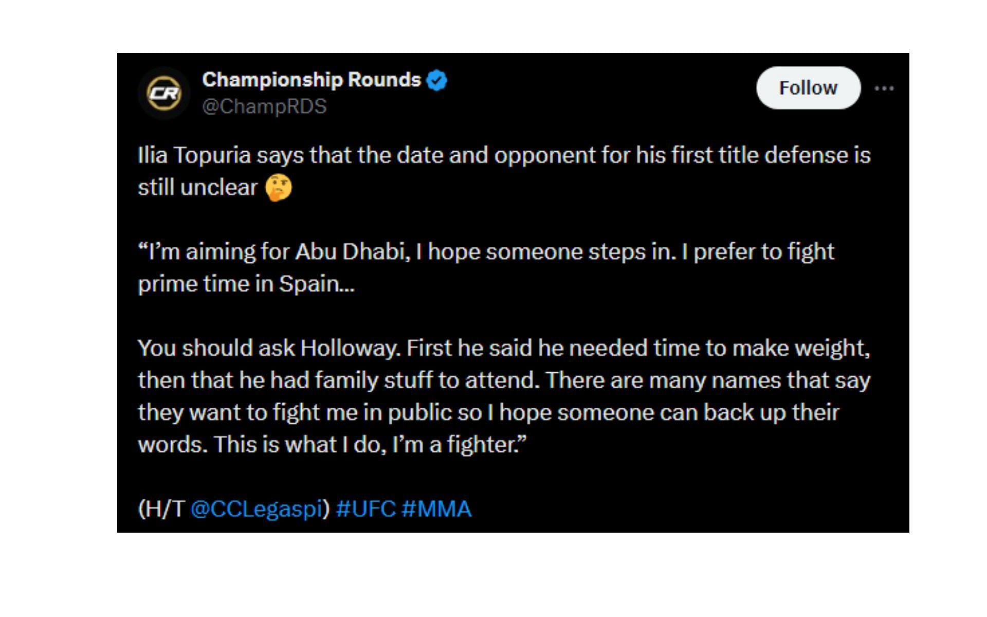 Topuria&#039;s comments about his UFC featherweight title defense [Image courtesy: ChampRDS - X]