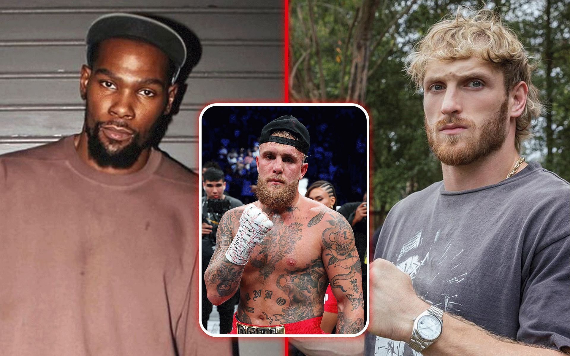 Kevin Durant (left) answers Logan Paul (right) if he would face Jake Paul (inset) in a boxing match. [Images courtesy: @easymoneysniper, @loganpaul on Instagram and Getty]