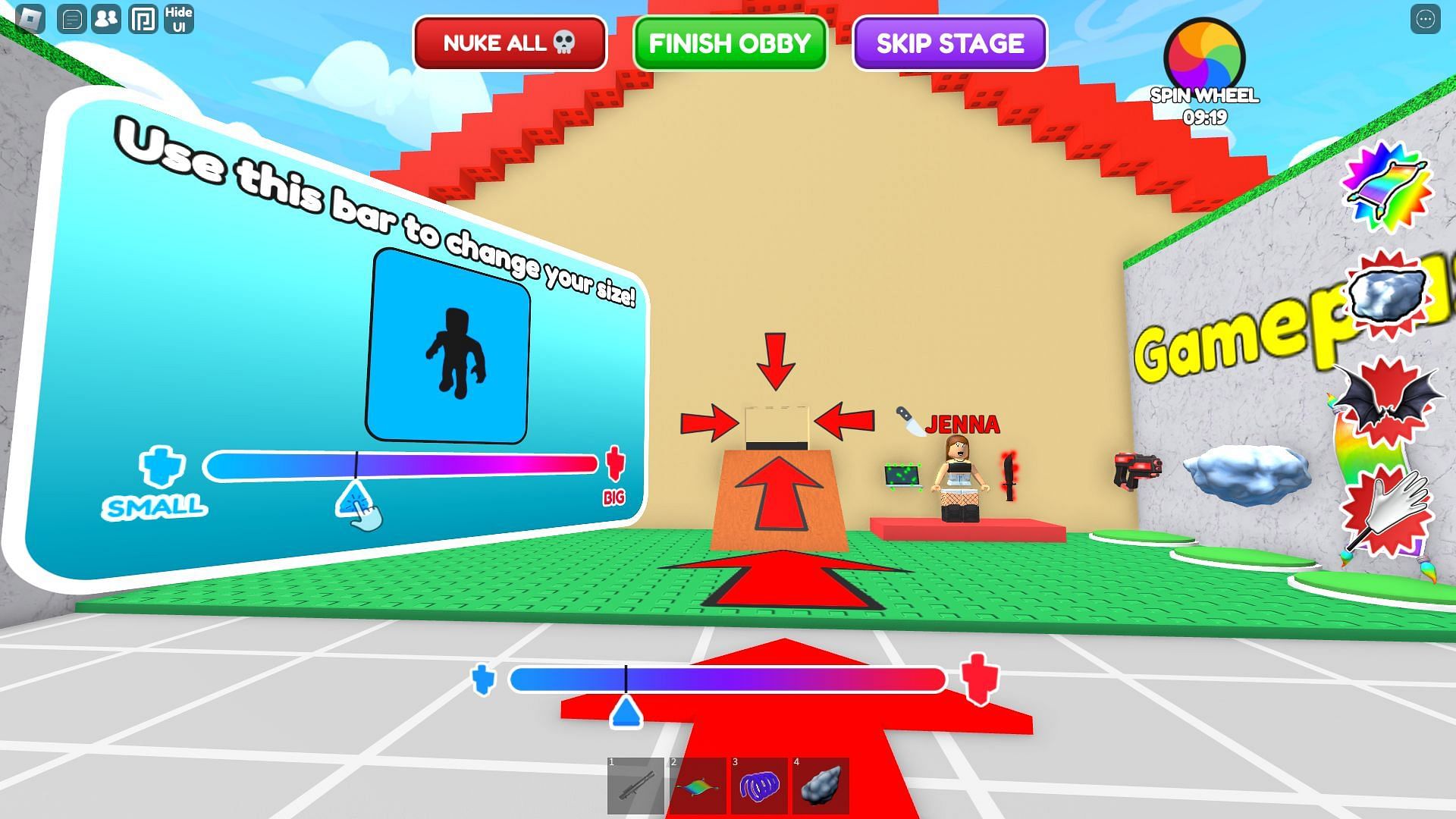 You can change your size in Easy Grow Obby to overcome obstacles (Image via Roblox)