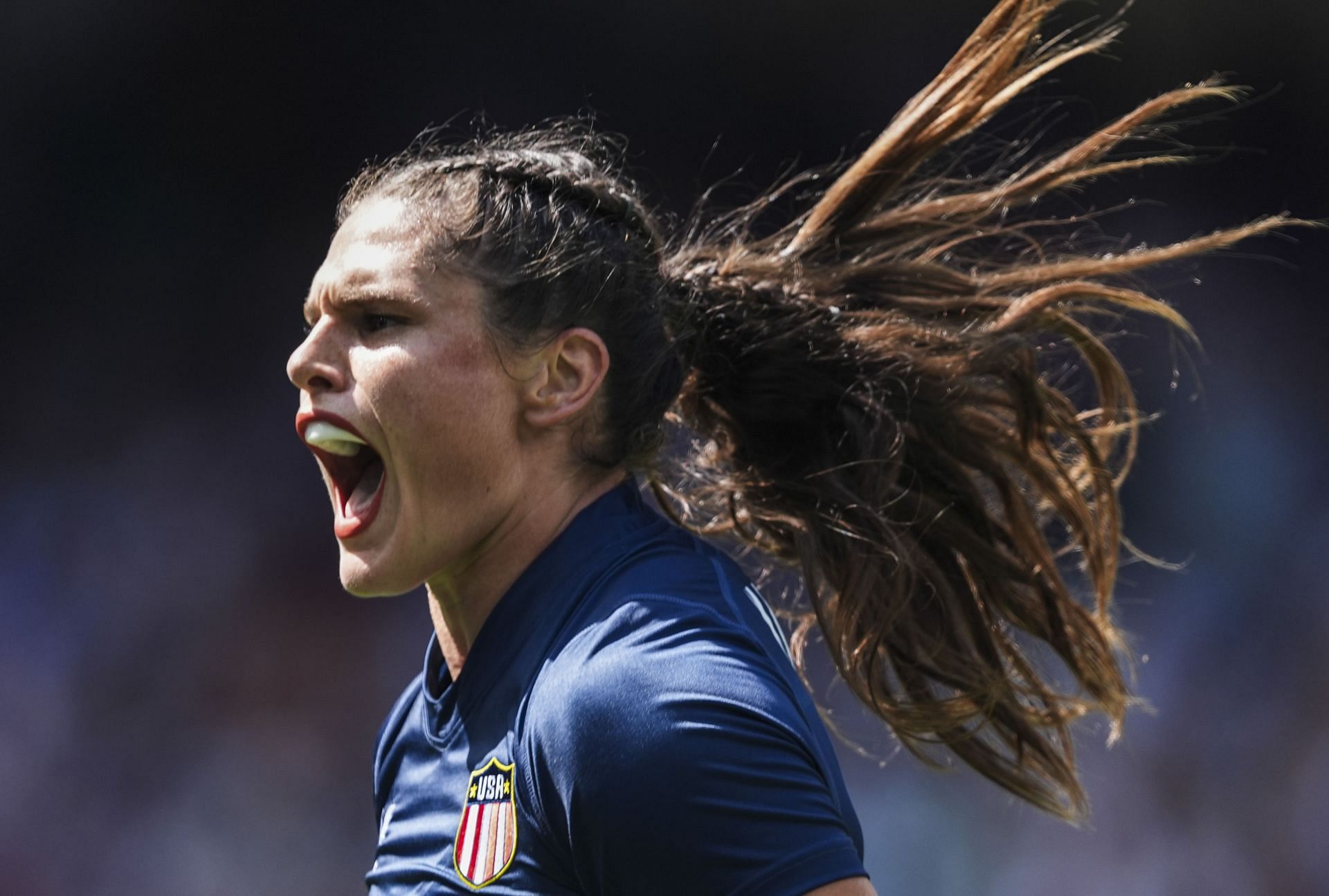 Ilona Maher of United States during the women&#039;s pool C rugby sevens match between France and United States during the 2024 Olympic Games in France - Getty Images