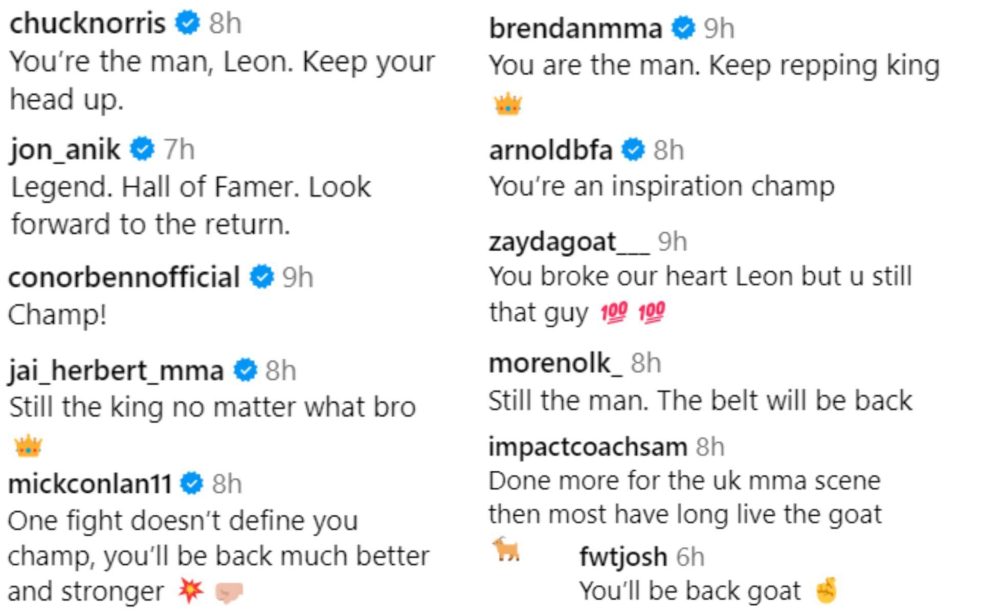 Screenshot of fan reactions to Leon Edwards&#039; post on Instagram