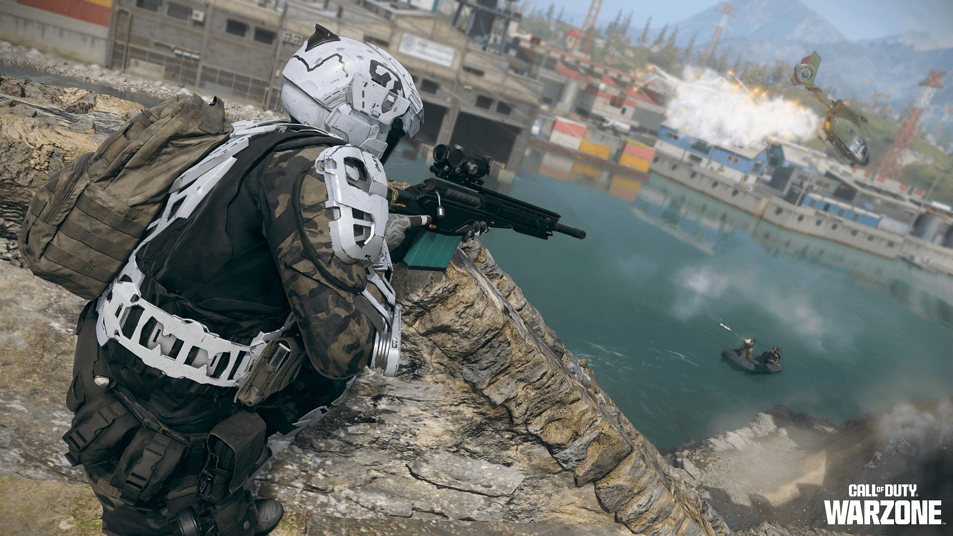 An Operator sniping enemies on a boat in Warzone