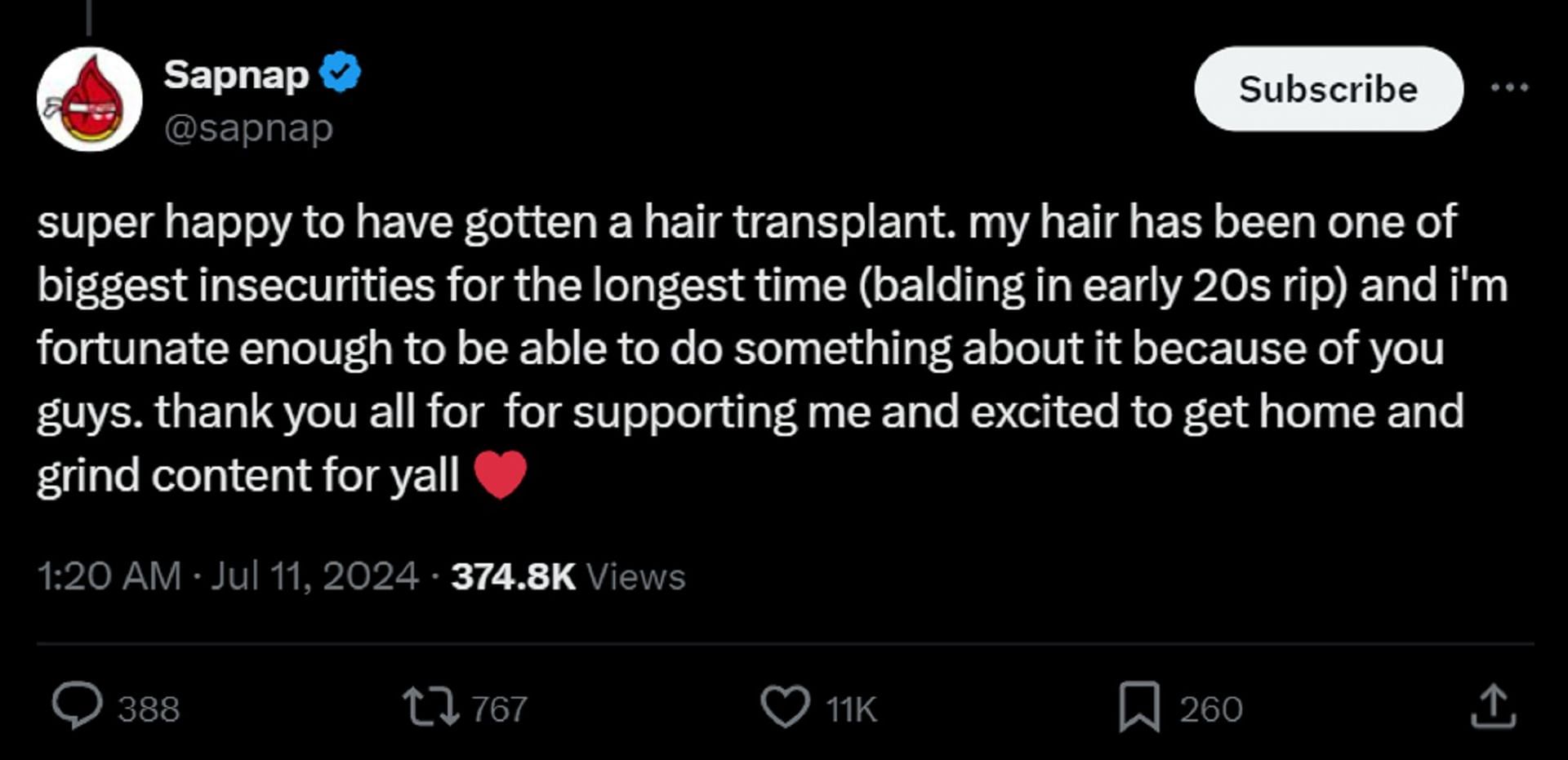 Streamer reveals the reason behind undergoing a hair transplant surgery (Image via X)