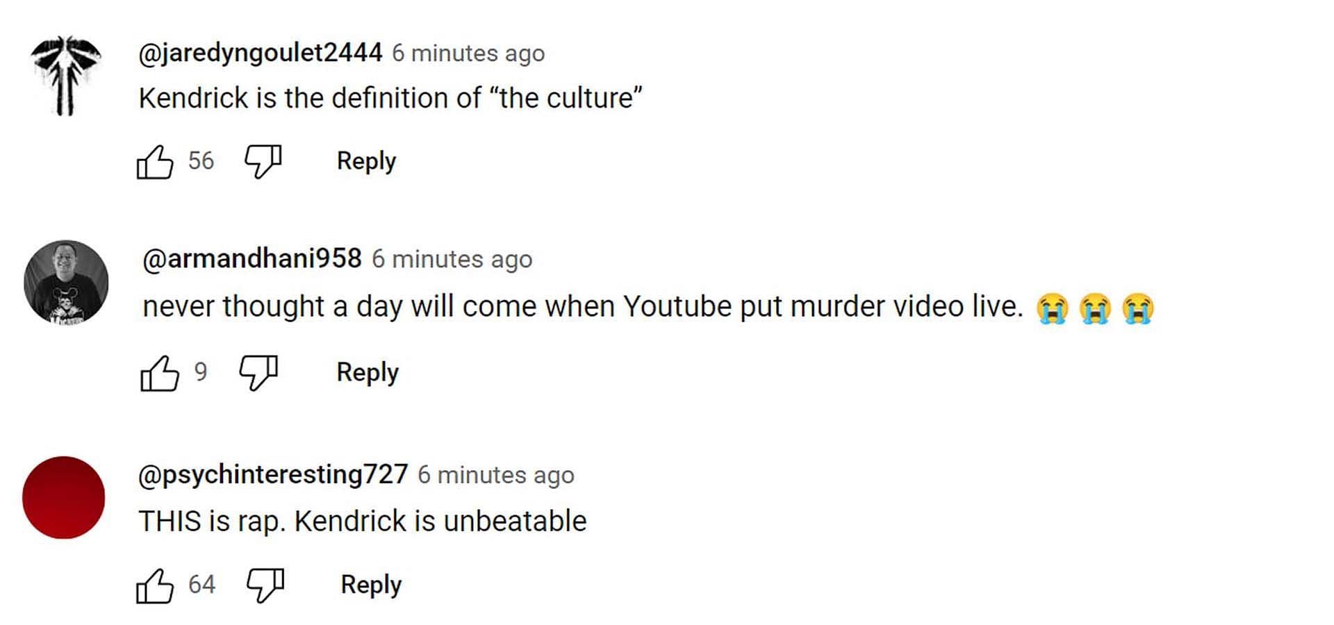 Comments reacting to the video (Image via YouTube/ @Kendrick Lamar)