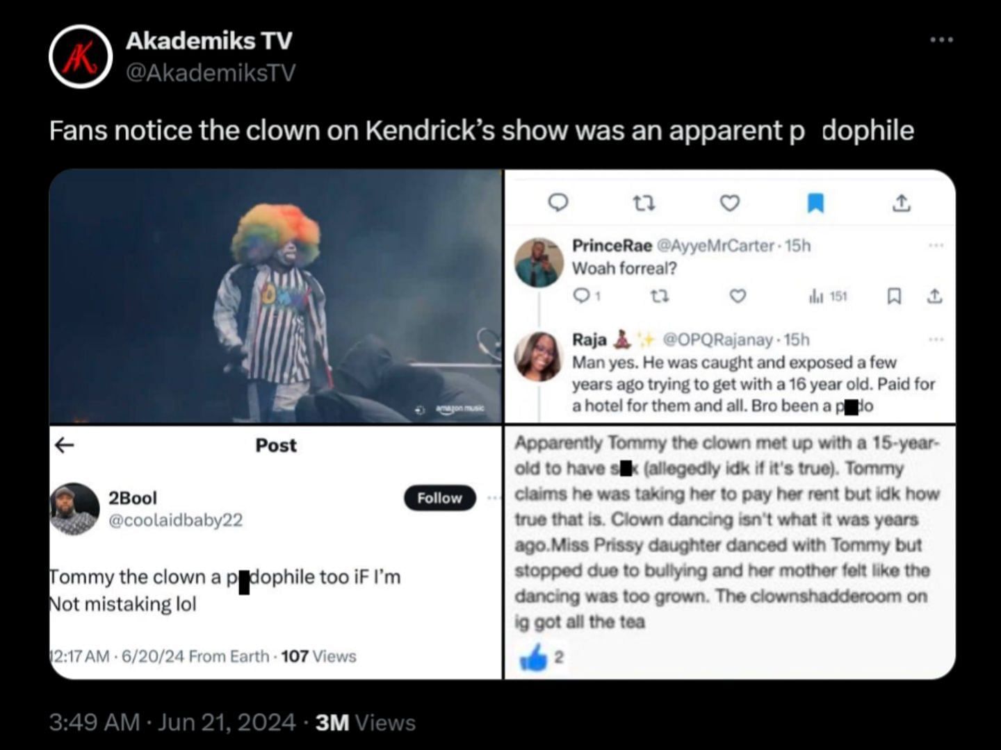 X user accuses Tommy The Clown of engaging with a minor. (Image via X/@AkademiksTV)