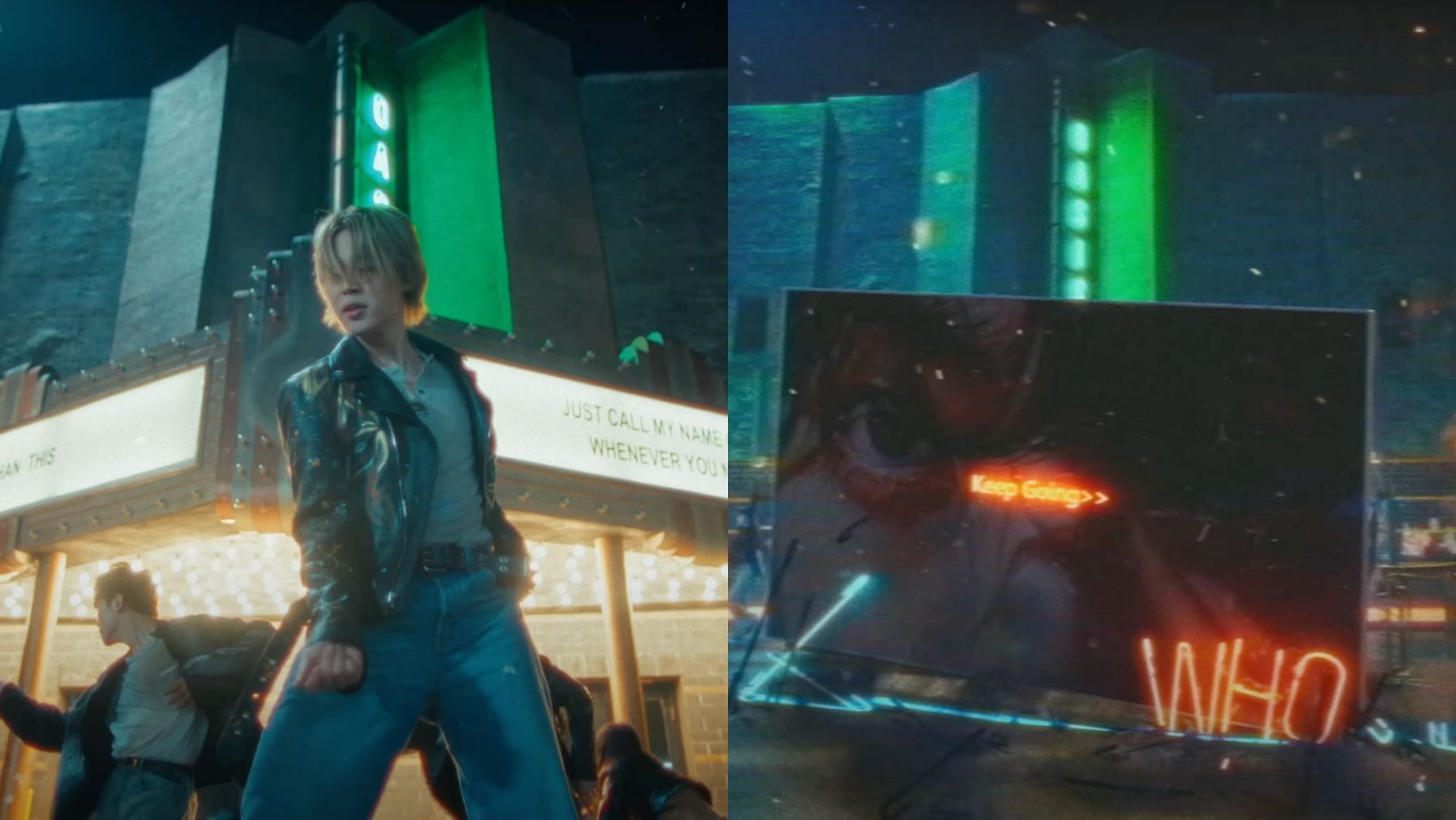 Fans allegedly spot BTS&rsquo; Taehyung cameo in Jimin&rsquo;s &lsquo;WHO&rsquo; MV. (Images via YouTube/HYBE LABELS)