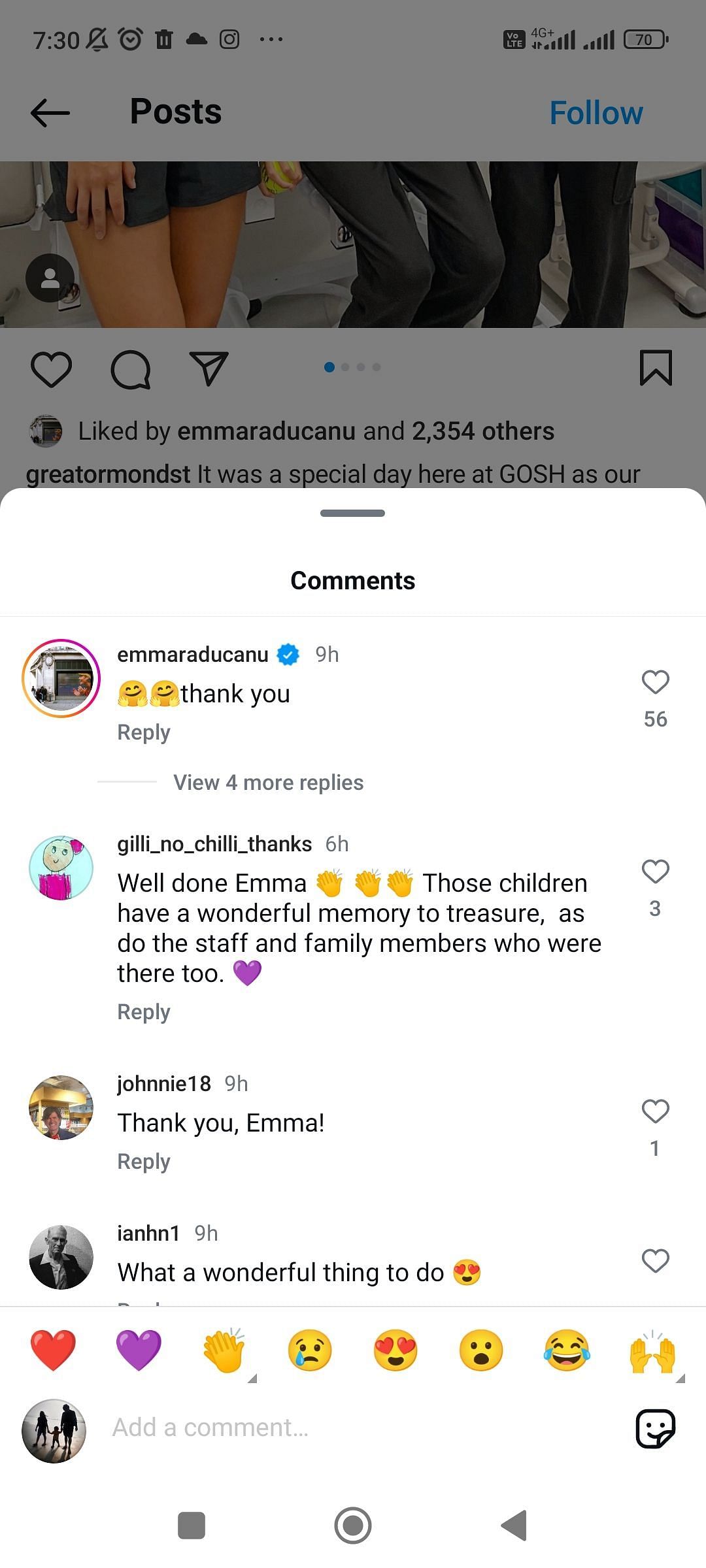 Emma Raducanu thanking London&#039;s Great Ormond Street Hospital for Children (Source: Instagram/Great Ormond Street Hospital)