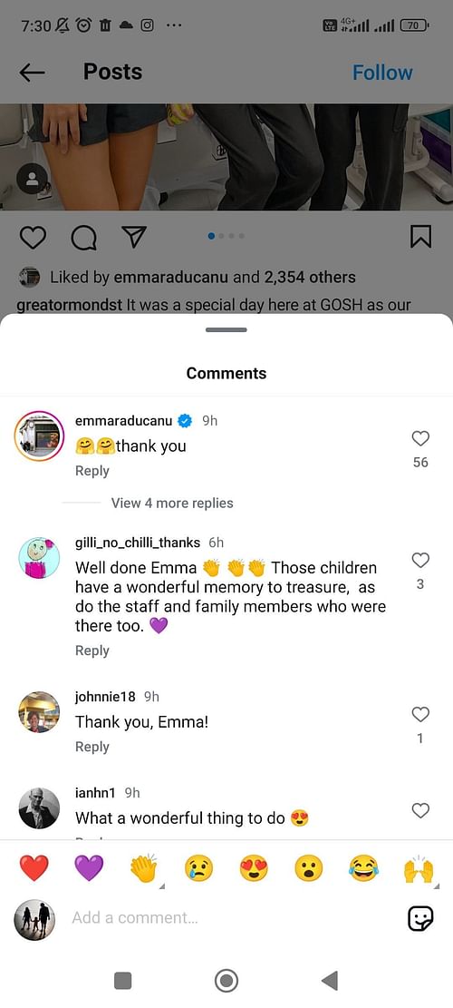 Emma Raducanu thanking London's Great Ormond Street Hospital for Children (Source: Instagram/Great Ormond Street Hospital)