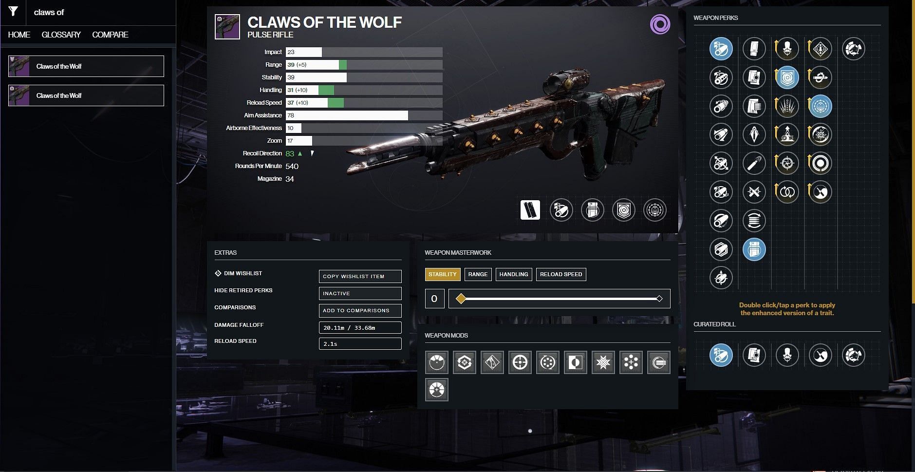 Claws of the Wolf PvE god roll in Destiny 2 (Image via D2Gunsmith)