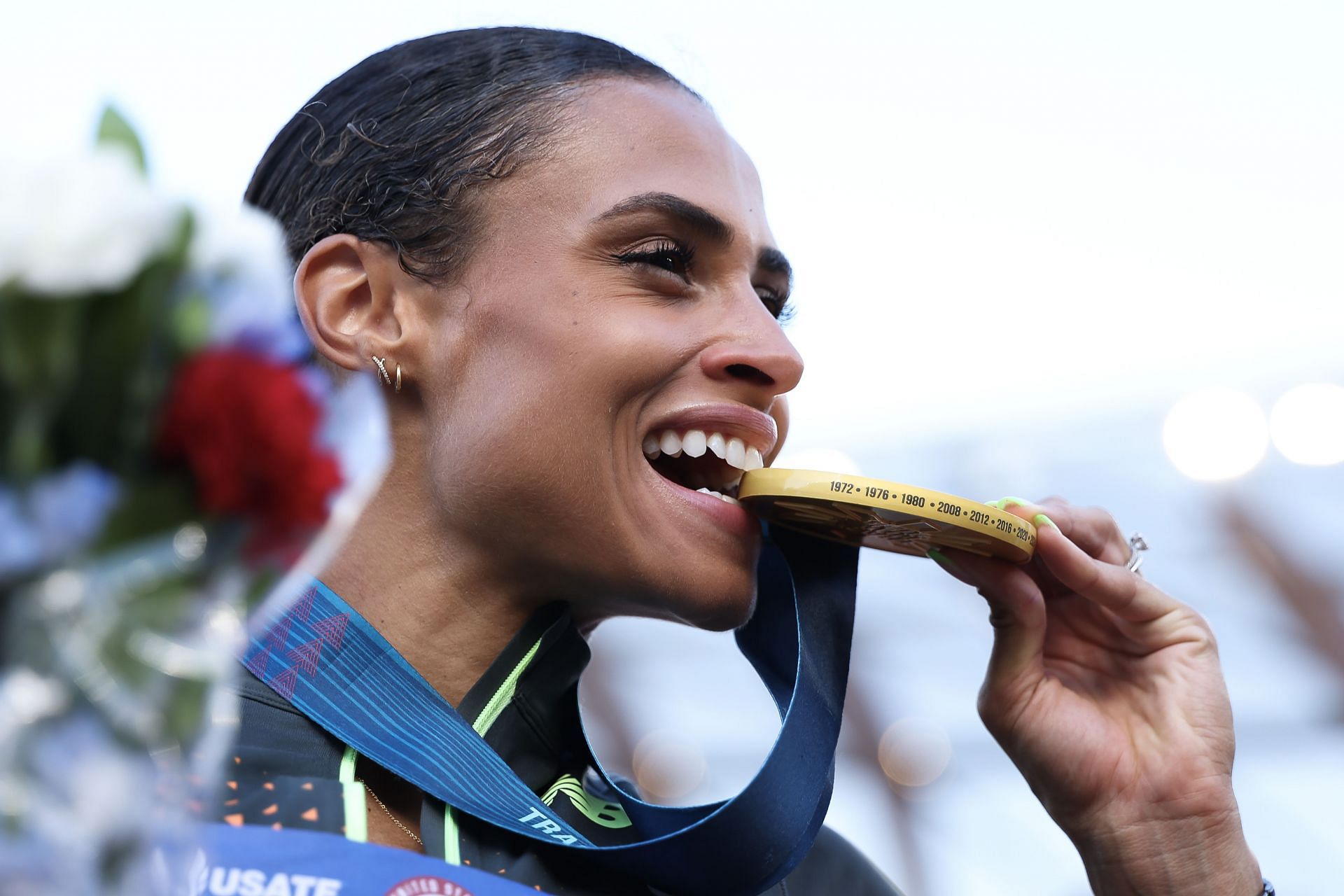 Sydney McLaughlin-Levrone poses after setting a new world record in the women&#039;s 400m hurdles at the 2024 U.S. Olympic Team Trials in Eugene, Oregon. (Photo by Getty Images)