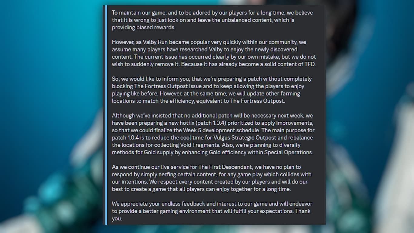 Comments from the Game Director (Image via The First Descendant Discord)