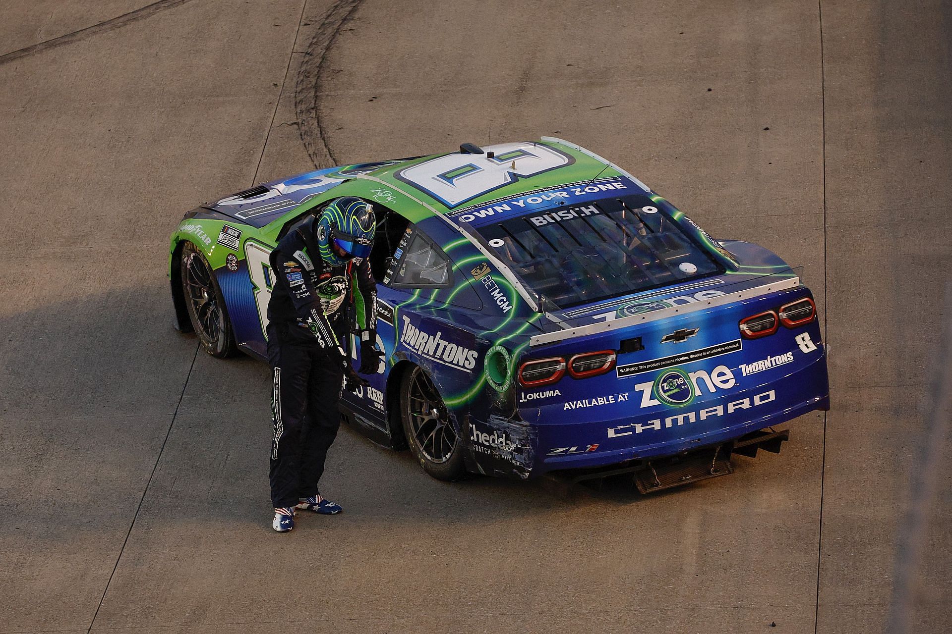 Kyle Busch, driver of the #8 zone/Thorntons Chevrolet, exits his car and reacts after an on-track incident during the NASCAR Cup Series Ally 400 at Nashville Superspeedway on June 30, 2024, in Lebanon, Tennessee. (Photo by Sean Gardner/Getty Images)