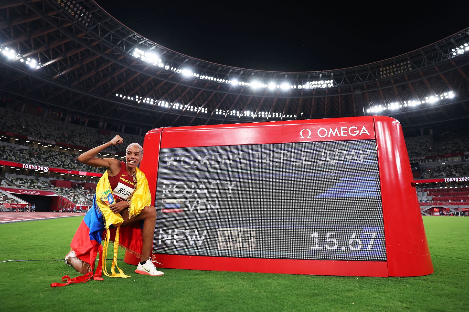 Yulimar Rojas of Venezuela after winning the Triple Jump at Tokyo Olympics [Image Source: Getty]