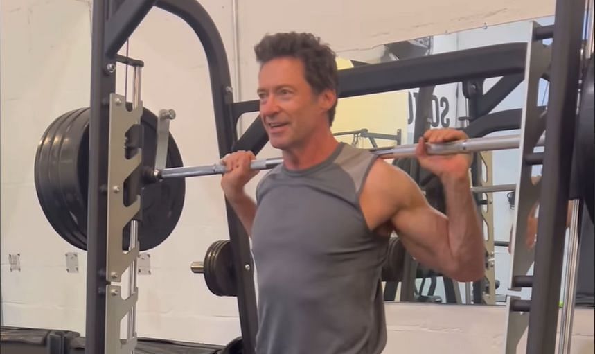 Hugh Jackman performing gimmicky exercises