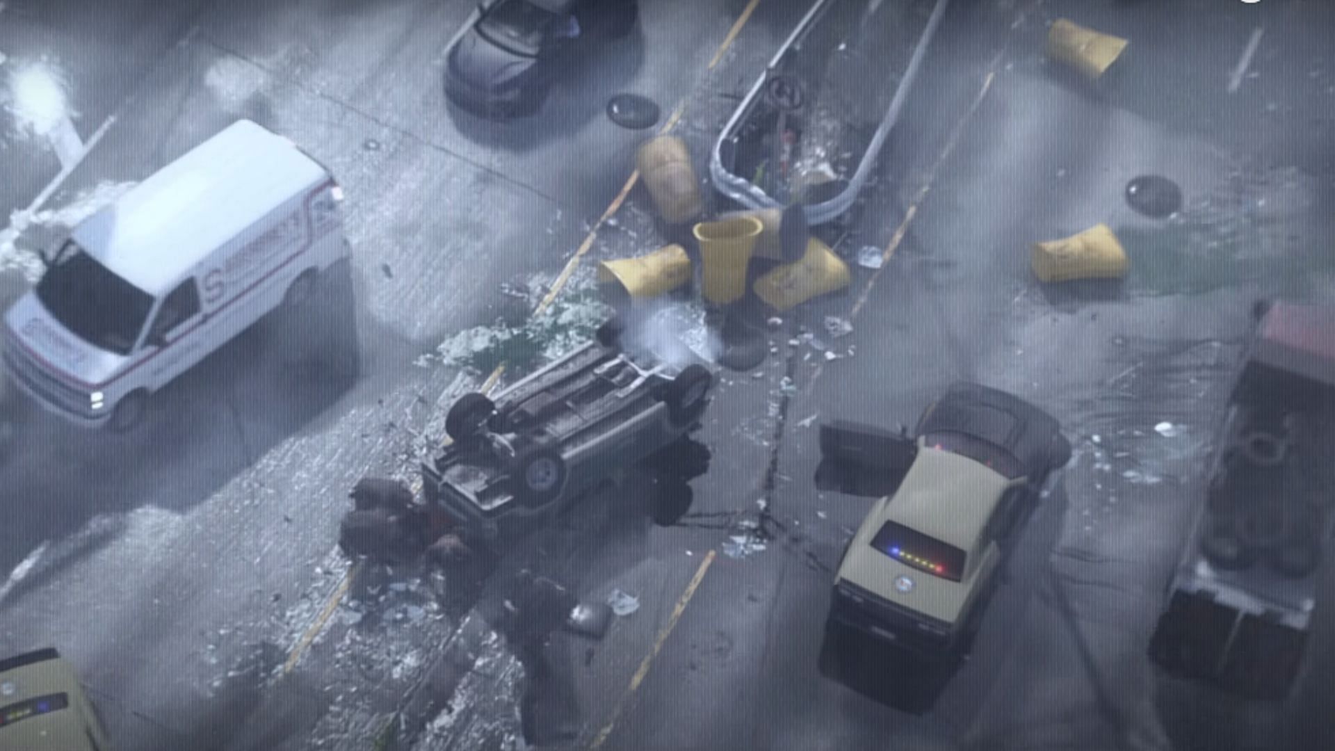 The cop car to the wreckage&#039;s right is seemingly the Interceptor (Image via Rockstar Games)