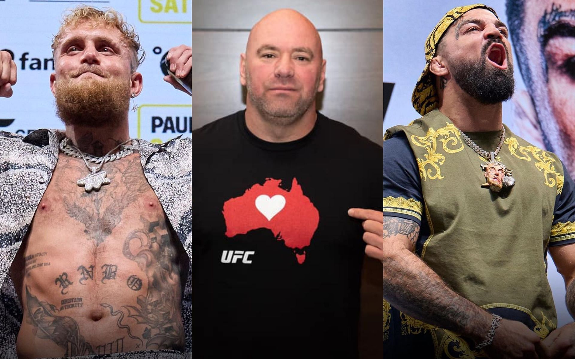 Jake Paul (left) is convinced Dana White (middle) is champagning against him for the Mike Perry (right) fight. [Images courtesy @platinummikeperry on Instagram and SK Asset Library]