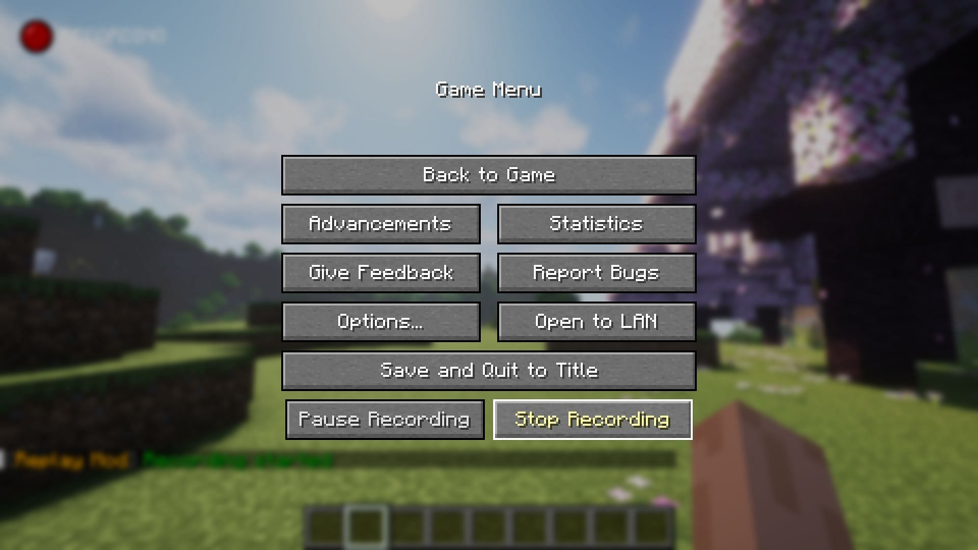 Start/stop recording option in the pause menu (Image via Mojang)