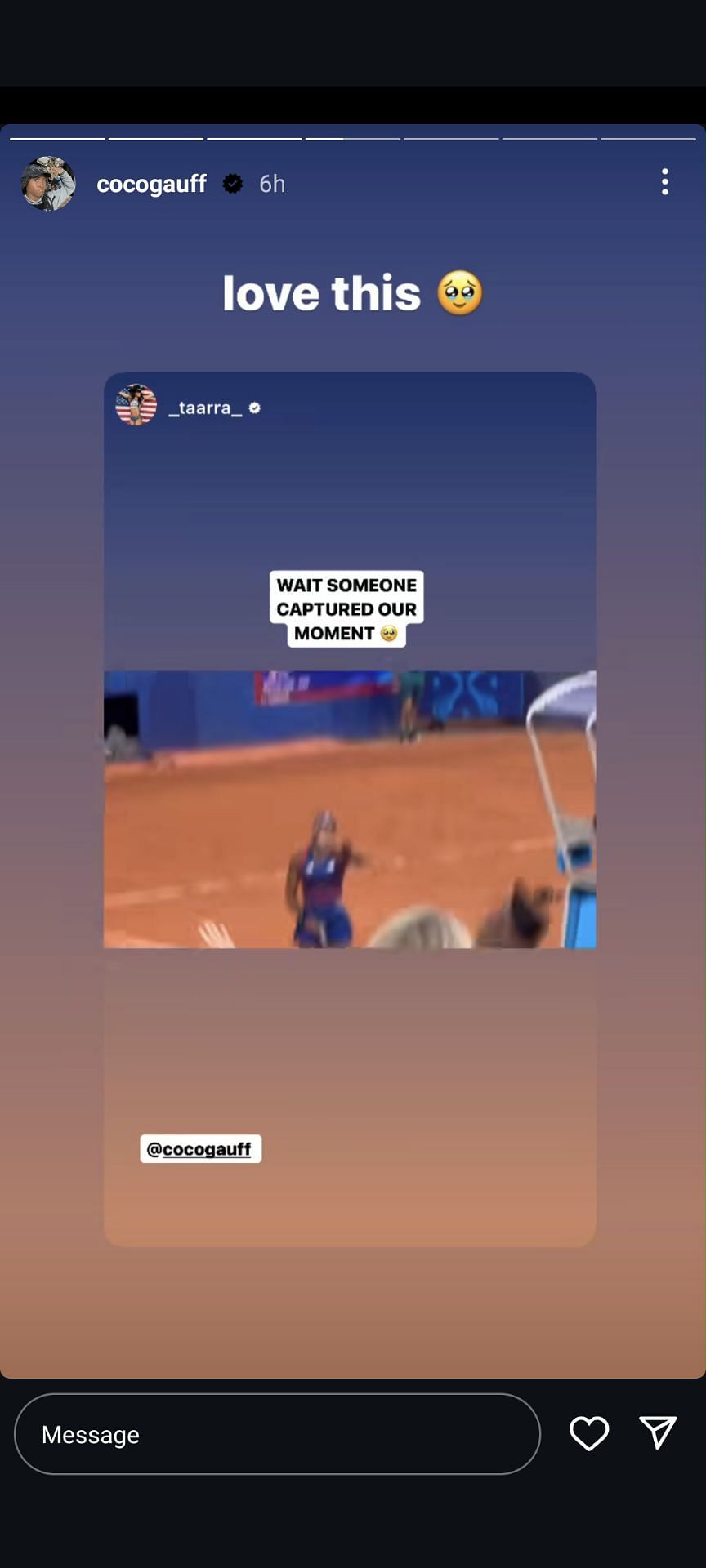 Coco Gauff resharing Tara Davis-Woodhall's post (Source: Instagram/Coco Gauff)