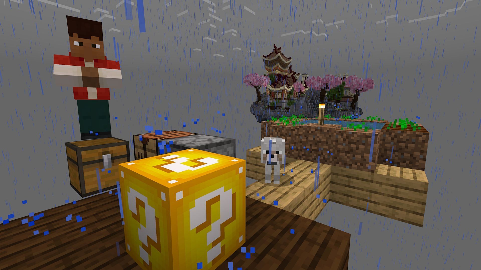 A small One Block [?] platform and lucky block (Image via Mojang)