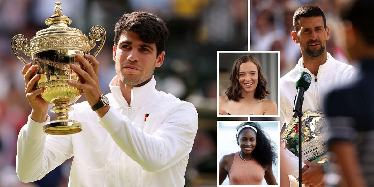 Carlos Alcaraz (L), Novak Djokovic (R) at Wimbledon 2024, Iga Swiatek, Coco Gauff (inset) (Image Source: Getty)