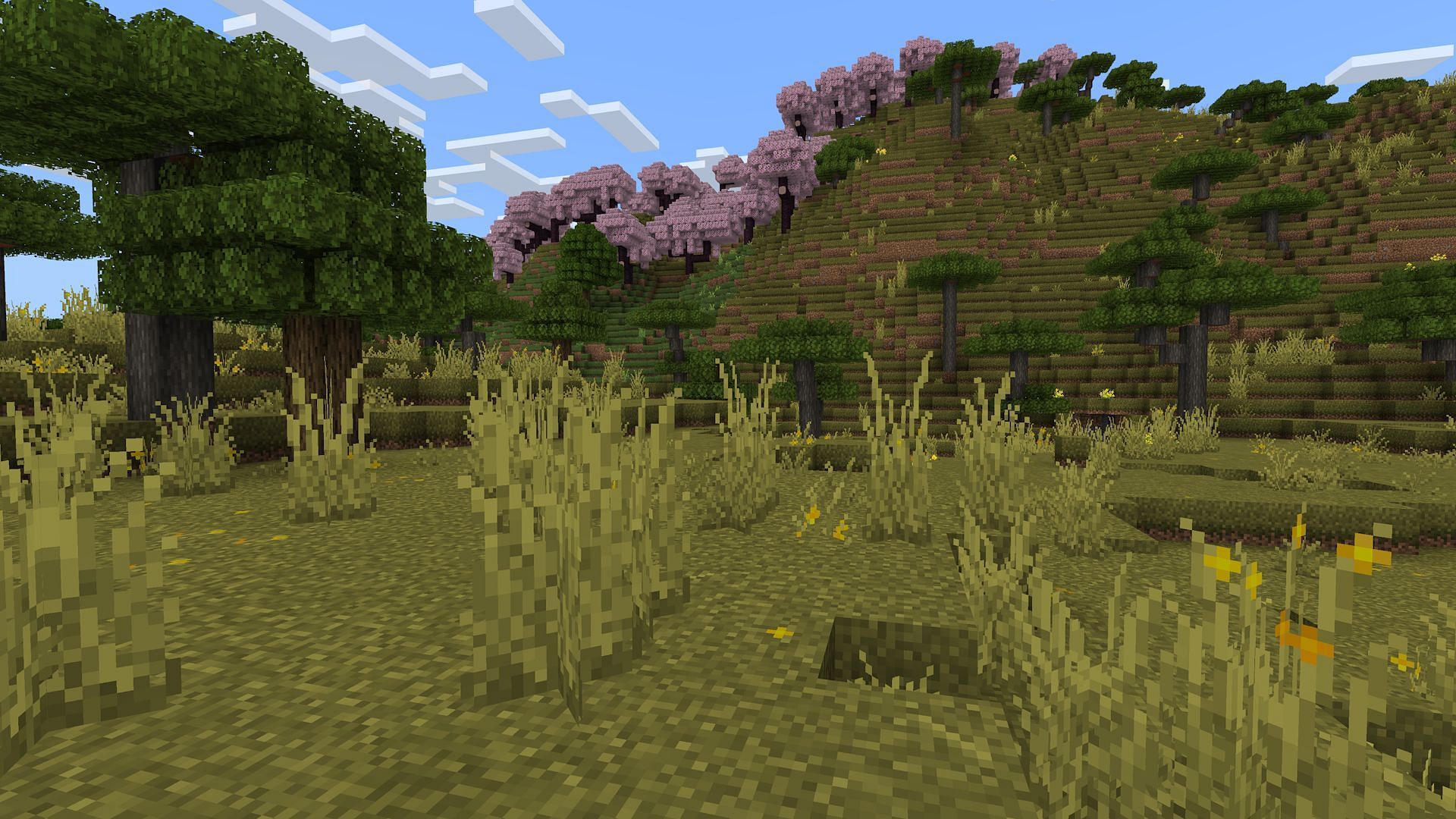 A survival world with the Overgrown custom Minecraft Bedrock texture pack (Image via Mojang)