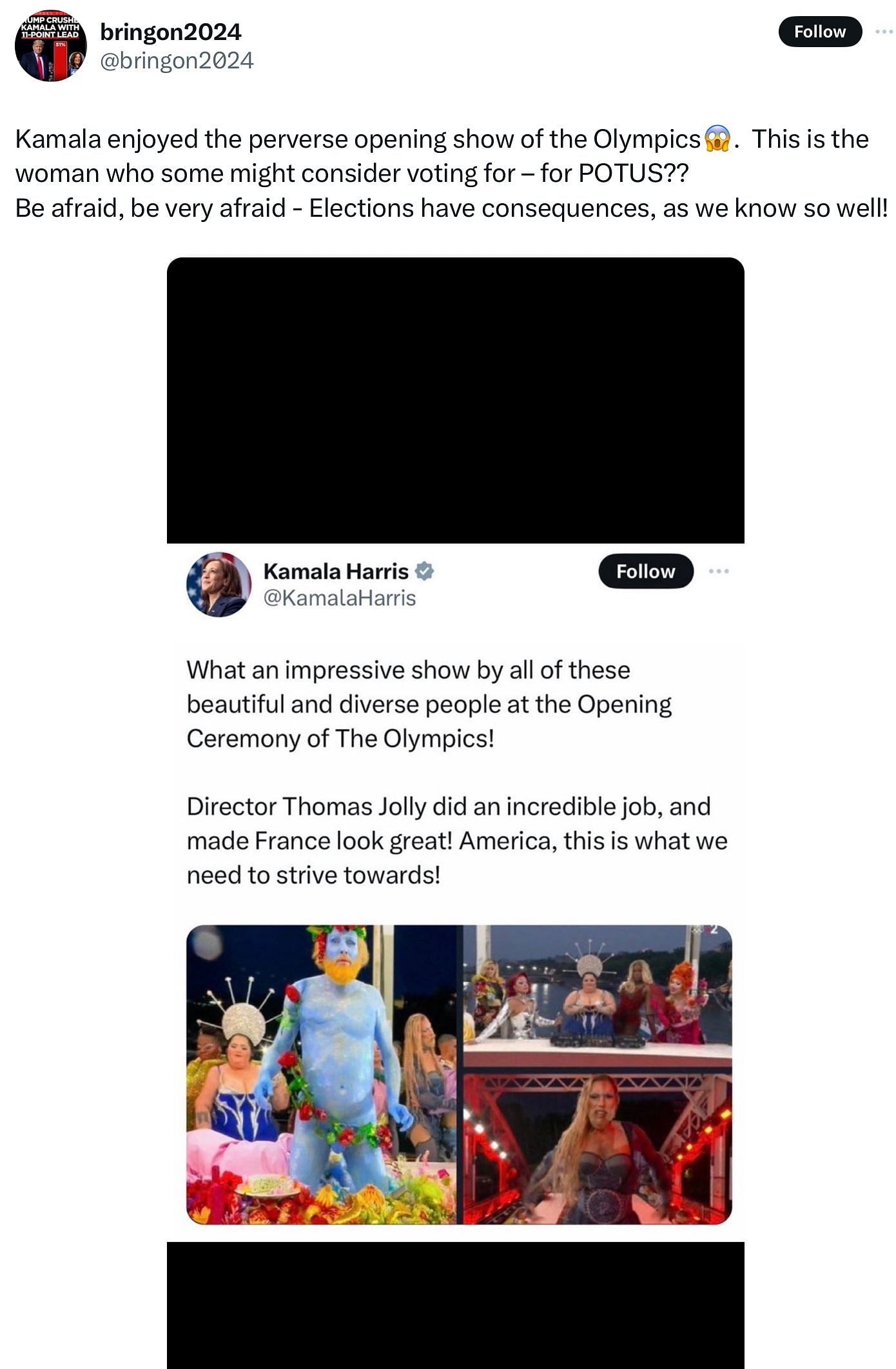 An account posting a fake screenshot of an alleged Kamala Harris tweet (Image via @bringon2024/X)