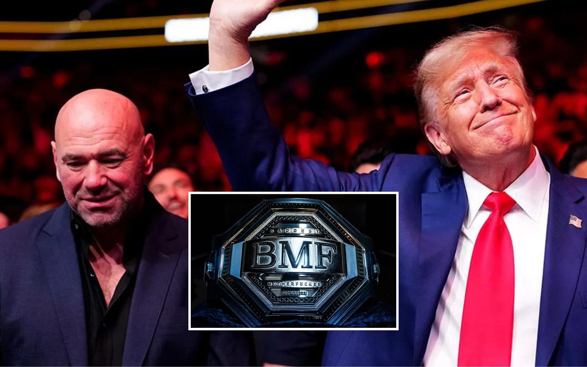 Tristan Tate tells Dana White (left) to give Donald Trump (right) a UFC BMF belt (center). [Images courtesy: @ufc on X and Getty Images]