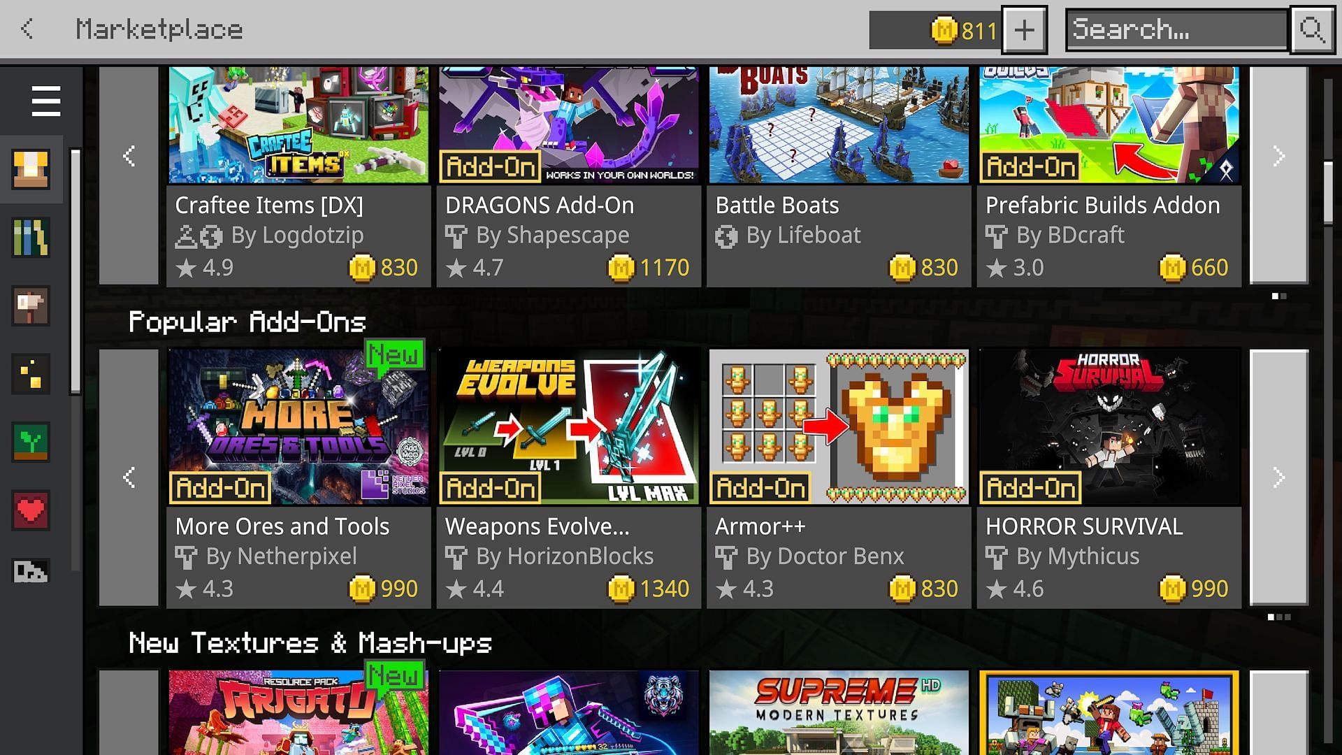 The &quot;Popular Add-Ons&quot; section in the Marketplace (Image via Mojang)