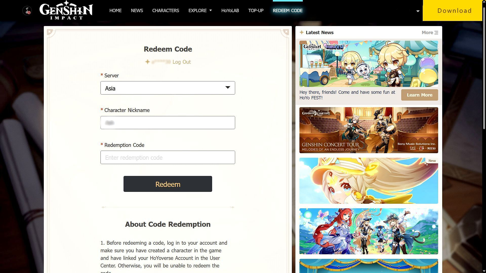 Redeem the code from the official website (Image via HoYoverse)