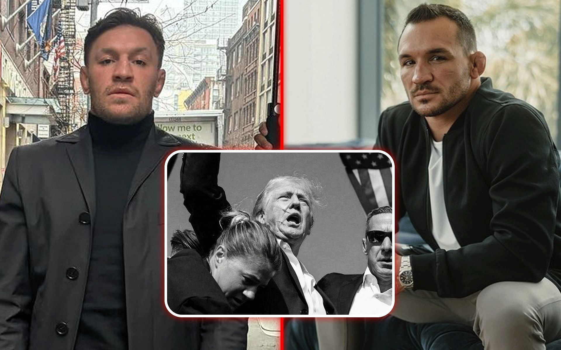 Conor McGregor (left) and Michael Chandler (right) reacted to a recent assassination attempt on Donald Trump (inset). [Images courtesy: @thenotoriousmma and @mikechandlermma on Instagram, @DonaldJTrumpJr on X]