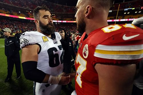 Jason Kelce, left, with Travis Kelce, right, during Philadelphia Eagles v Kansas City Chiefs