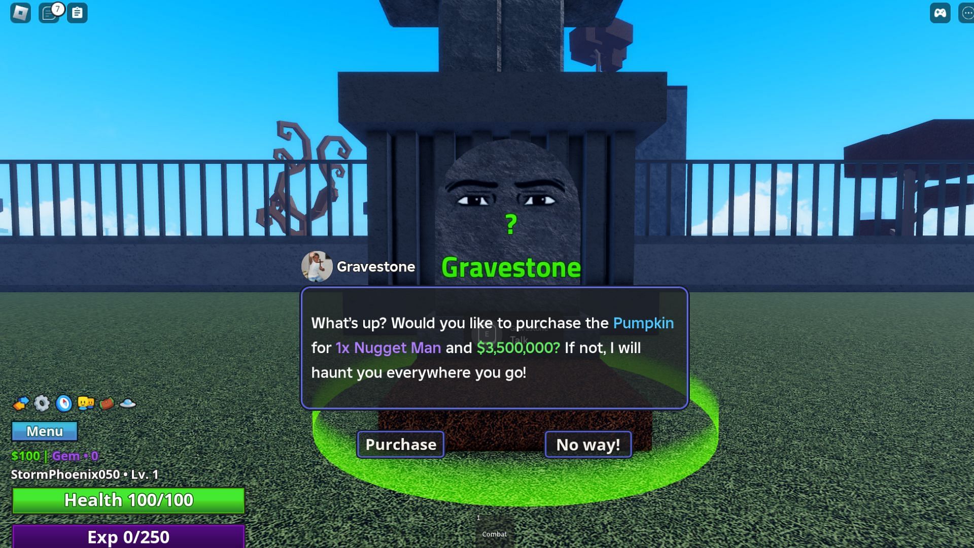 Interacting with the gravestone will give you the weapon (Image via Roblox)