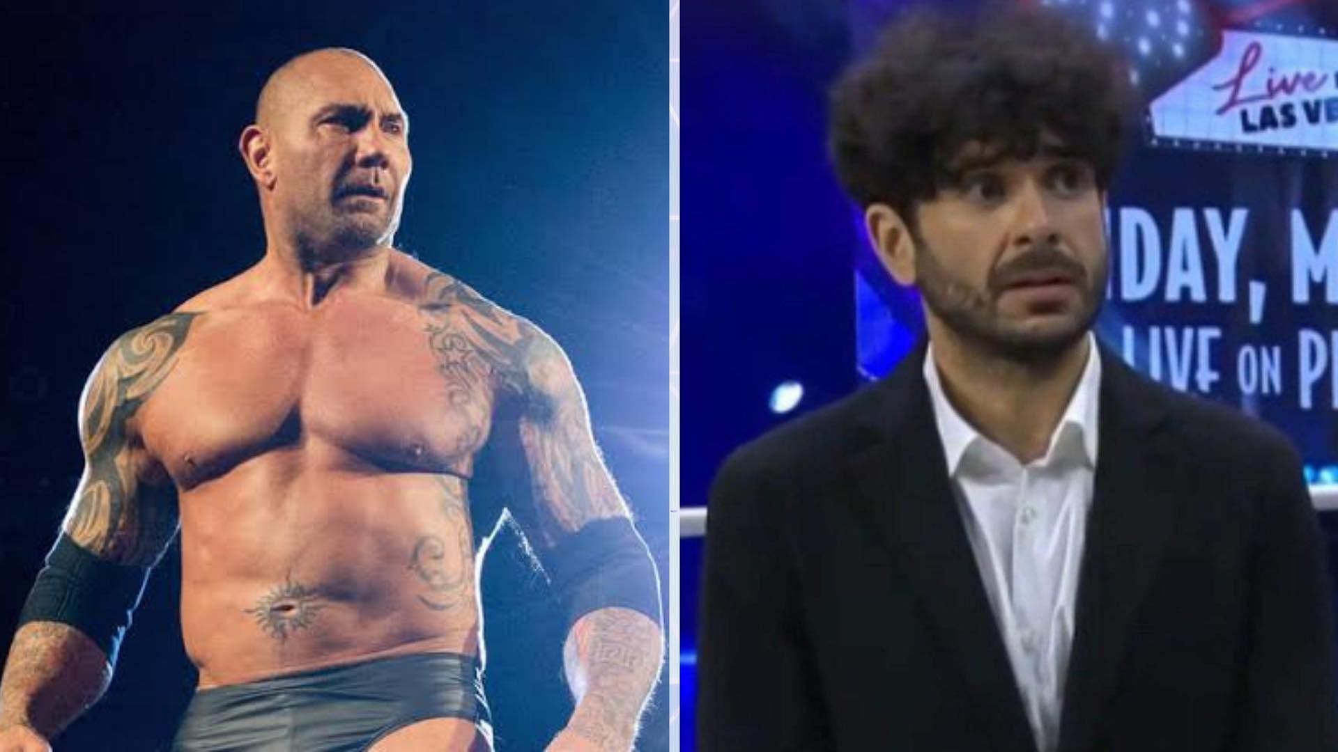 Batista (left), Tony Khan (Right) (Image Credits: WWE.com and AEW