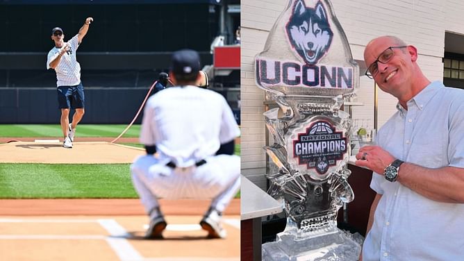 WATCH: UConn HC Dan Hurley throws first pitch while donning NY jersey during Red Sox-Yankees game