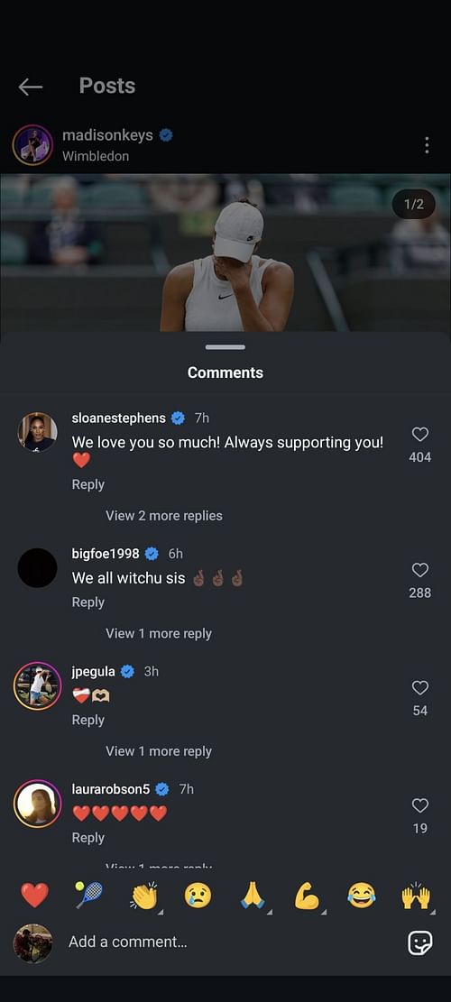 Players showing their support to Madison Keys. (Source: Instagram @madisonkeys)