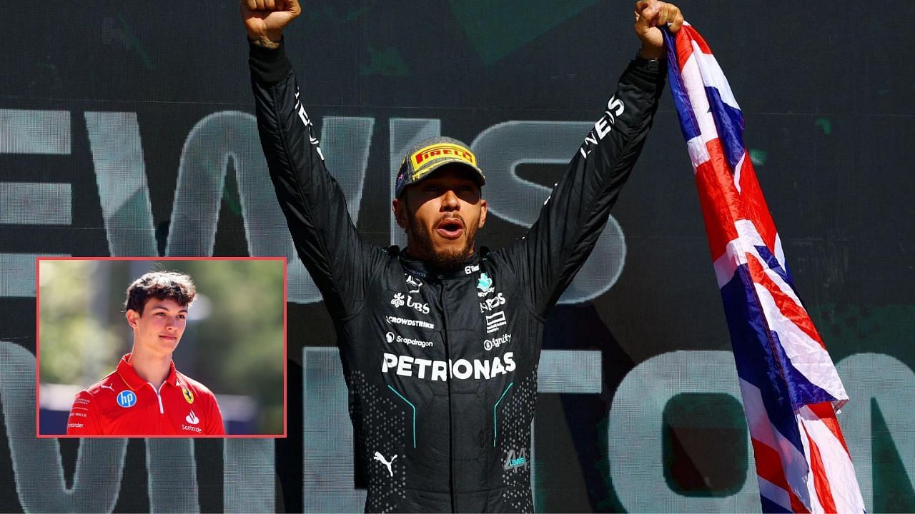 Lewis Hamilton celebrating his win, Oliver Bearman (inset) (Image Courtesy: Getty.)