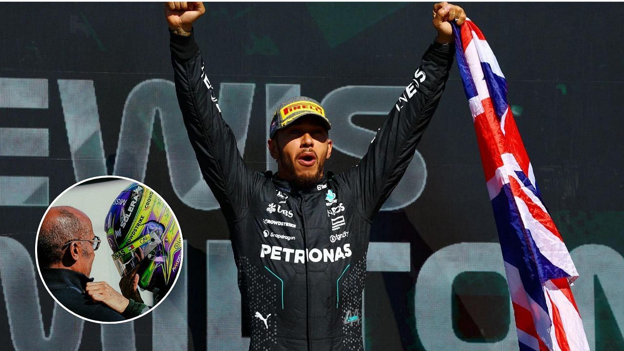 Lewis Hamilton celebrating his win. (Image Courtesy: Getty. Lewis Hamilton and Anthony Hamilton (inset) Courtesy: (instagram.com/@lewishamilton))