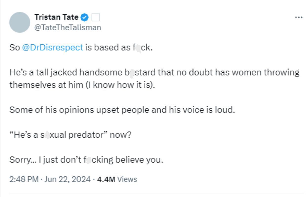 Tristan tweets on the allegations against Dr. Disrespect [Image via TateTheTalisman]