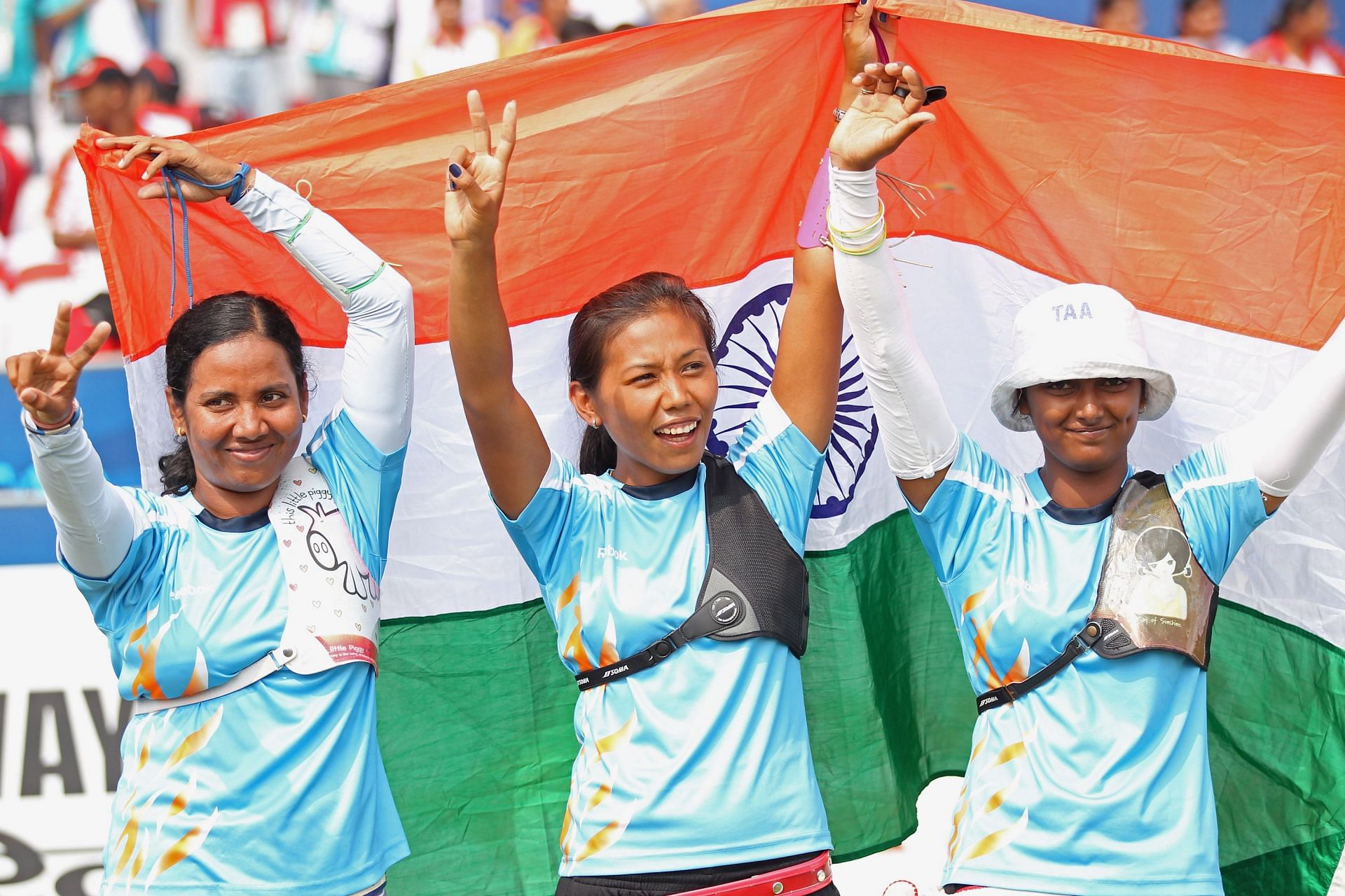 Dola Banerjee, Bombayla Laishram Devi and Deepika Kumari at the 2010 Commonwealth Games.