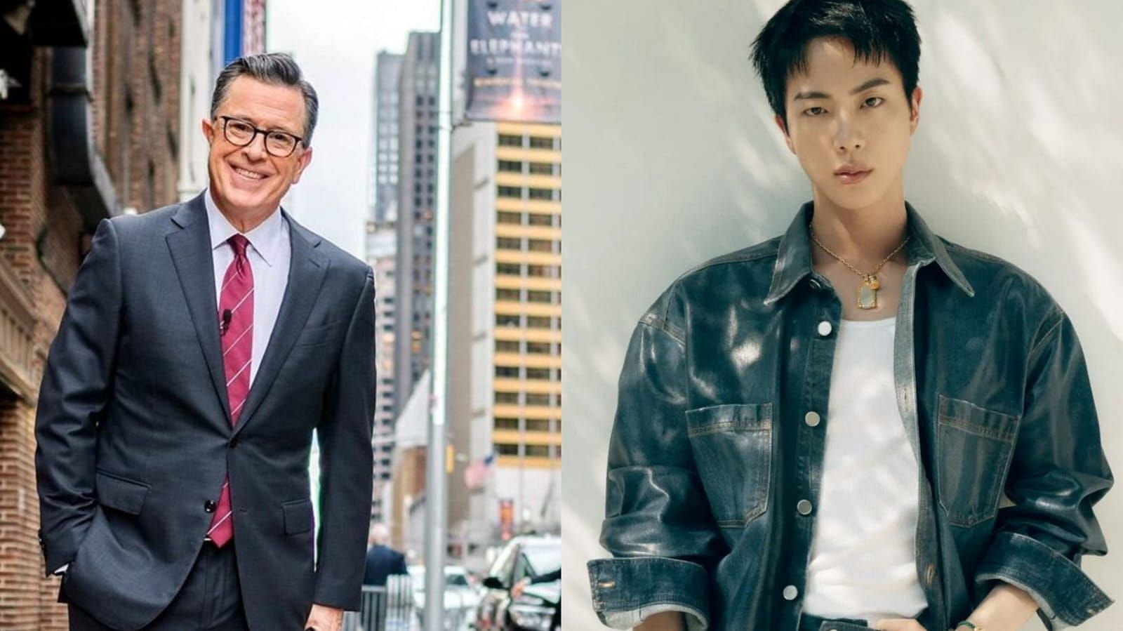 Fans speculate BTS Jin&rsquo;s appearance on Colbert&rsquo;s  Late Show as official handle follows his Instagram (Image via @colbertlateshow/Instagram and @jin/Instagram)