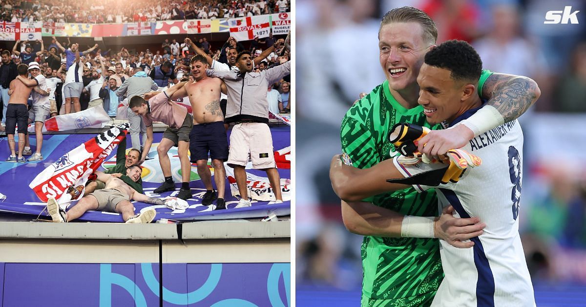 English fans cheer as Trent Alexander-Arnold and Jordan Pickford hug after England qualifies for Euro 2024 semi-finals (image via Getty)