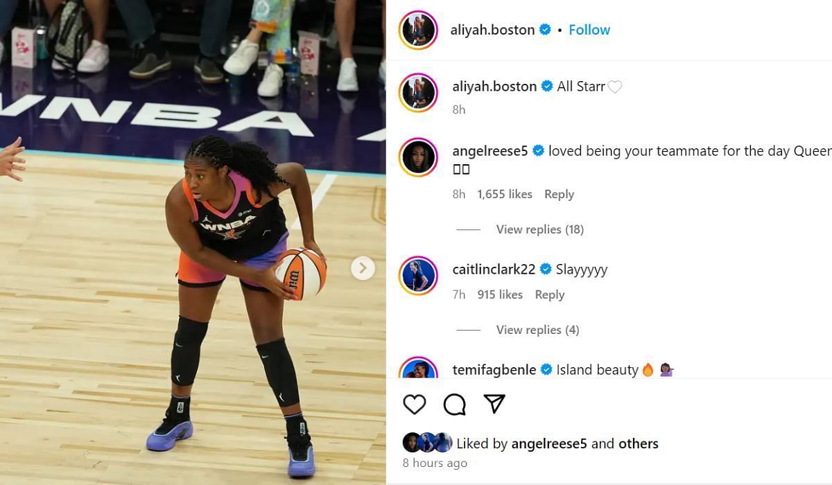 Reese&#039;s comment on Boston&#039;s post (Credit: Screenshot/Aliyah Boston, Instagram)