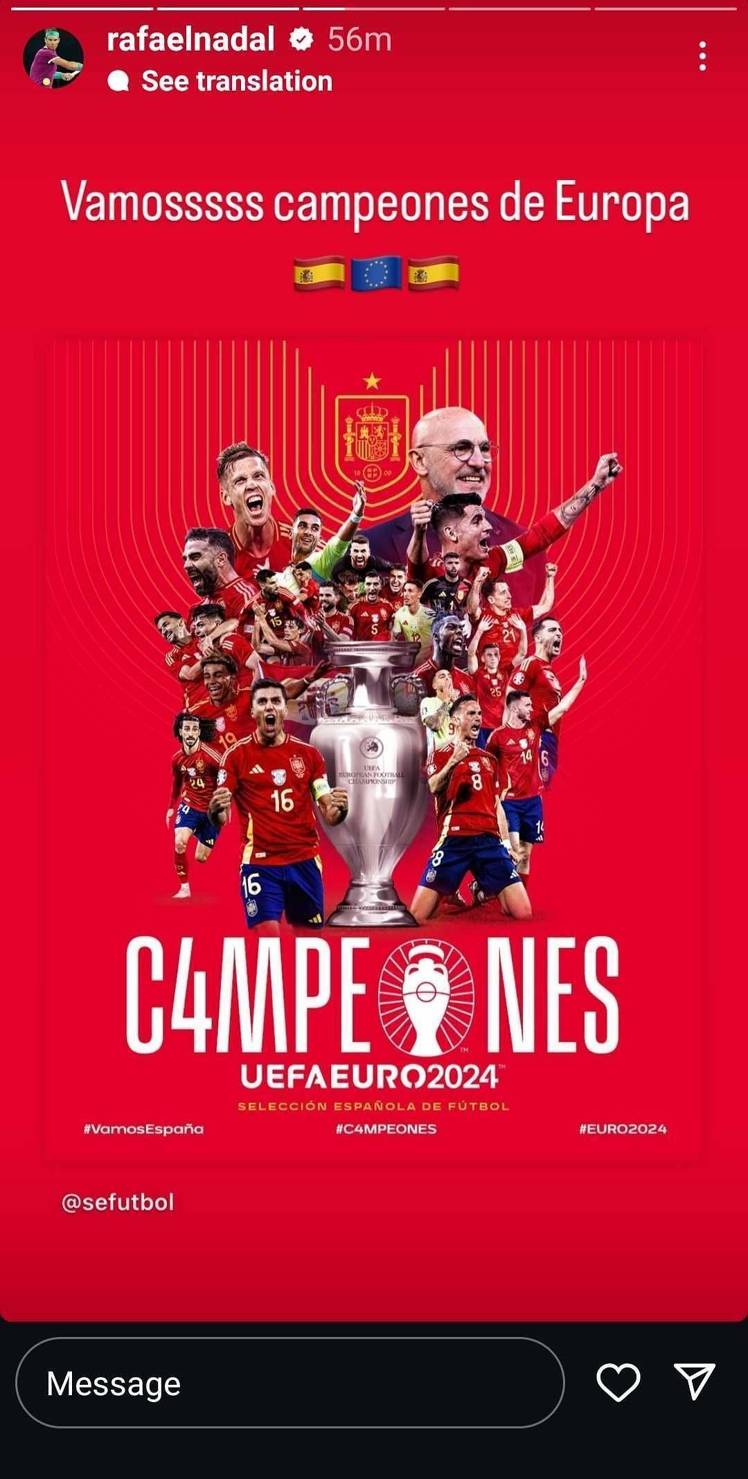 Rafael Nadal celebrates Spain&#039;s triumph at Euro 2024; ( Source - https://www.instagram.com/rafaelnadal/)